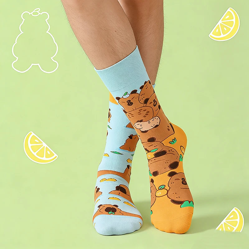 Cotton Blend Capybara Animal Print Mid Calf Crew Socks