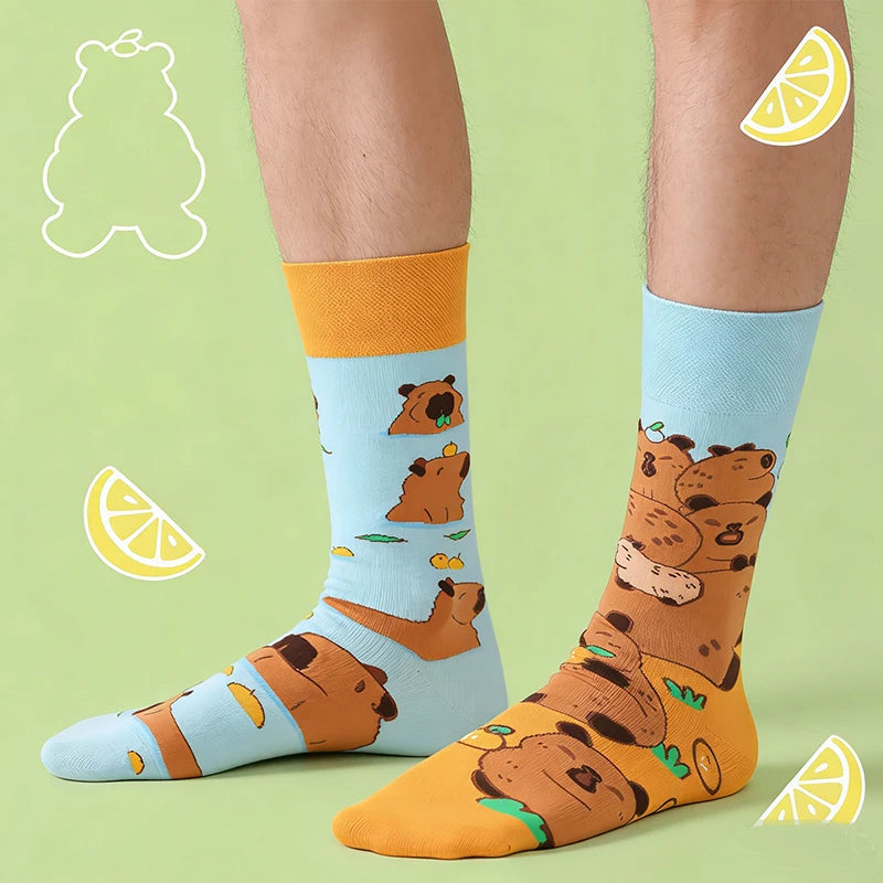 Cotton Blend Capybara Animal Print Mid Calf Crew Socks