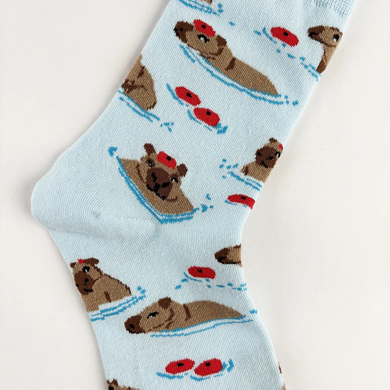 Cotton Blend Capybara Print Mid Calf Casual Crew Socks