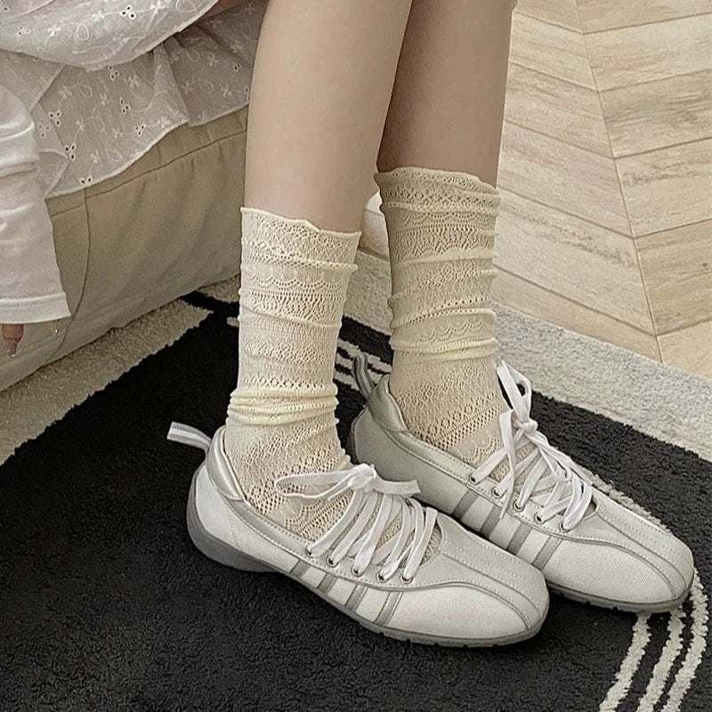 Lace Trimmed Polyester Elastane Casual Mid Tube Socks
