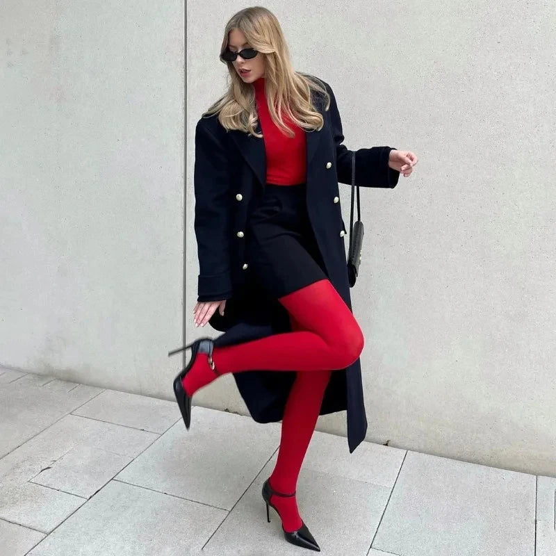 Red Polyester Translucent Slim Tights