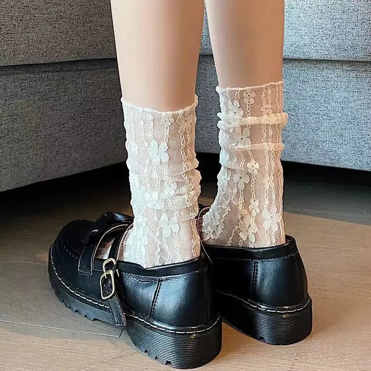 Floral Lace Mesh Ankle Socks - 14