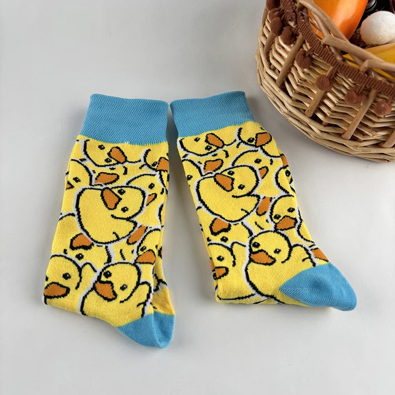 Yellow Duck Print Polyester Elastane Crew Socks - 6