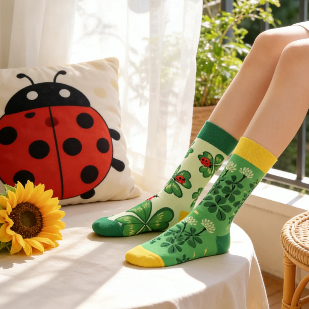 Cotton Blend Mid Calf Ladybug Clover Print Casual Socks - 1