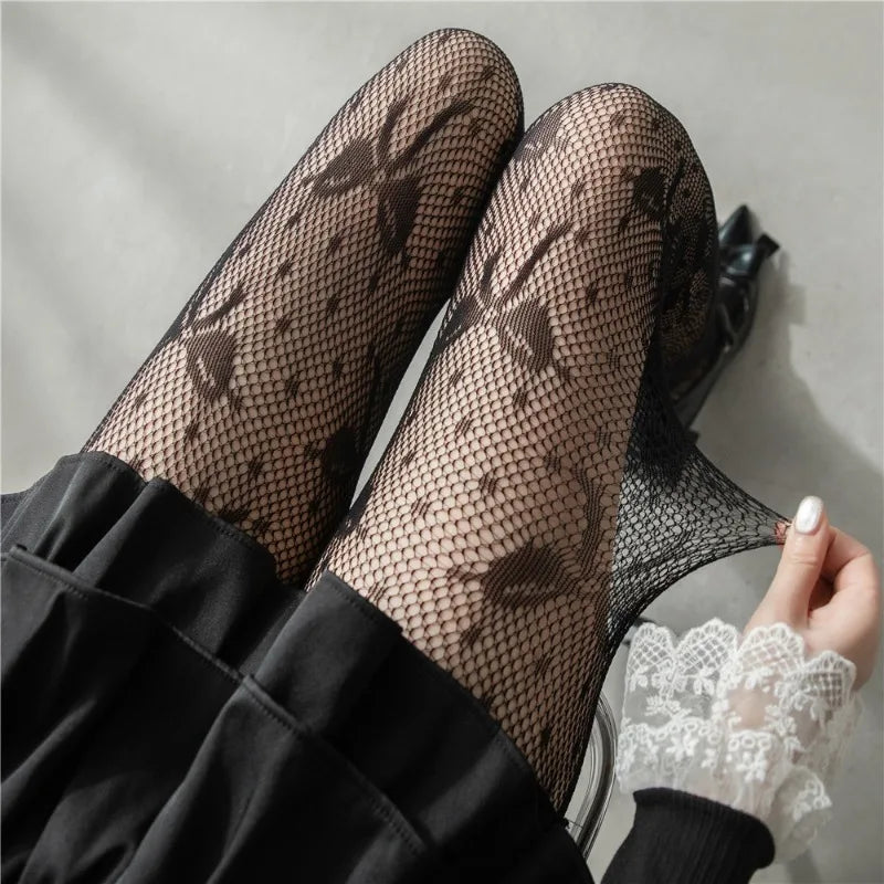 Nylon Elastane Bow Pattern Mesh Tights - 16