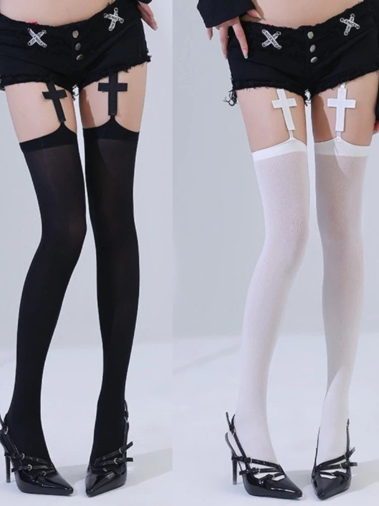 Nylon Polyester Cross Design Garter Tights
