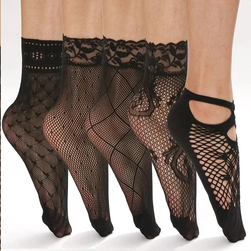 Polyester Elastane Mesh Lace Ankle Socks 5 Pairs