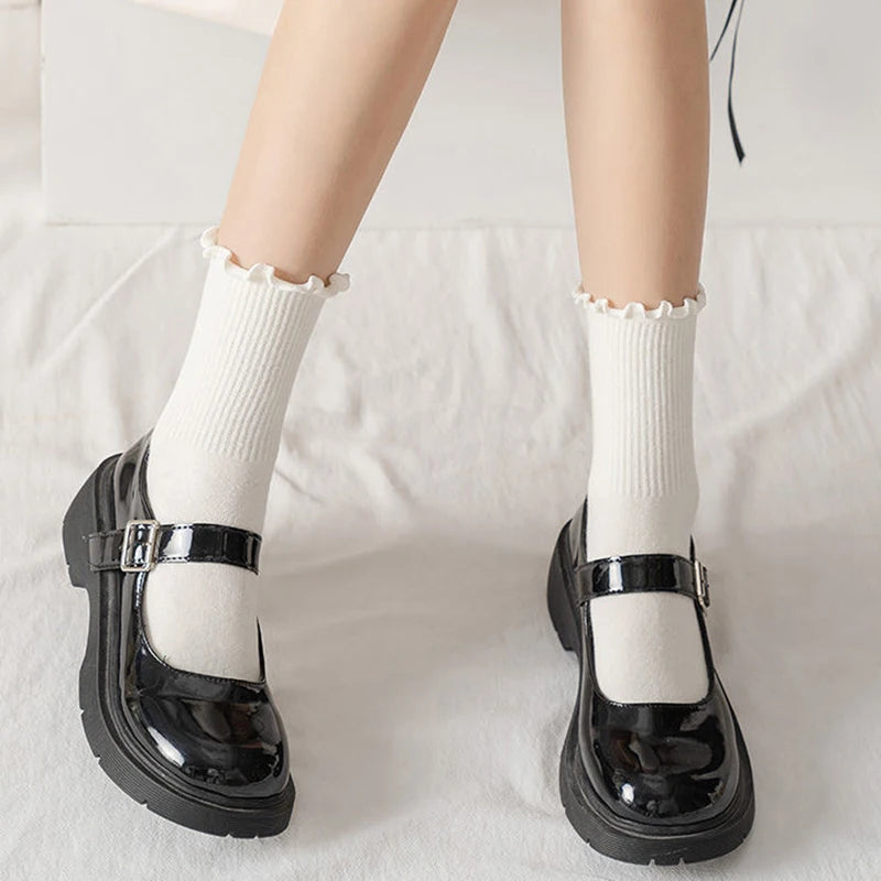 Polyester Elastane Ruffle Trim Mid Tube Socks for Women - 3