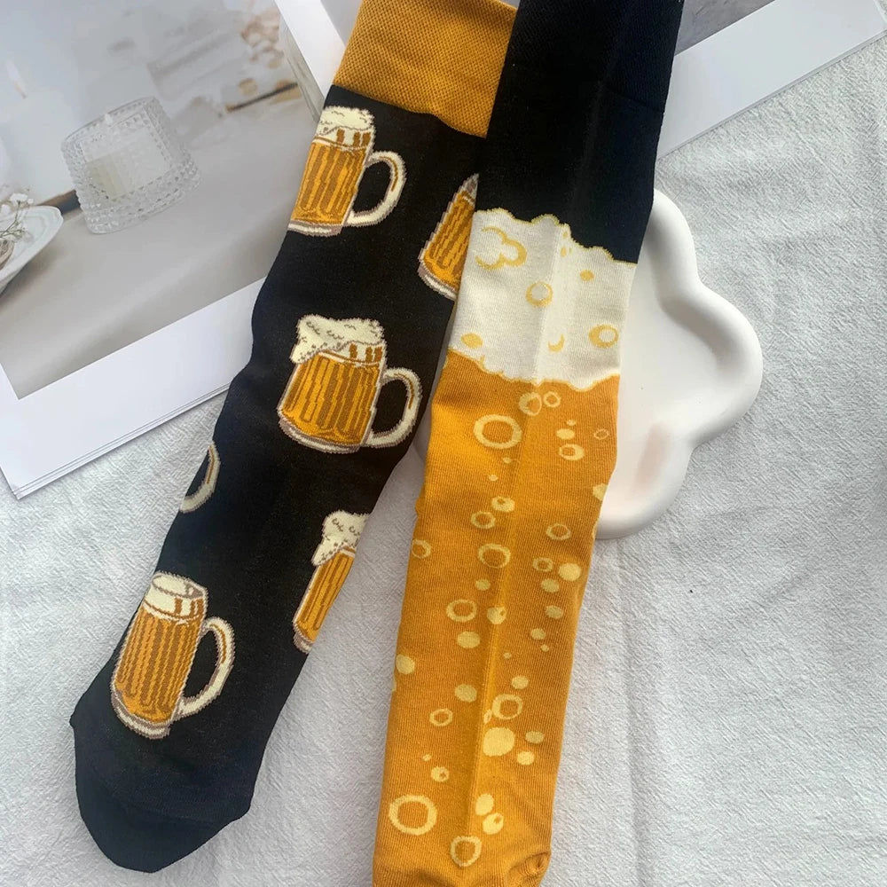 Cotton Blend Beer Pattern Crew Socks - 5
