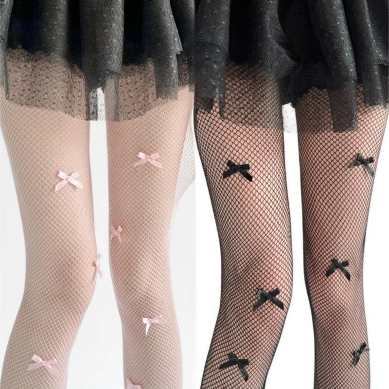 Nylon Bow Detail Fishnet Tights Women Sheer Stockings