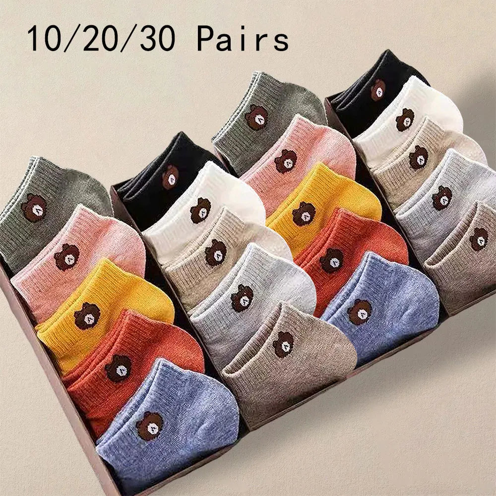 Polyester Elastane Low Tube Ankle Socks Women Bear Pattern Set