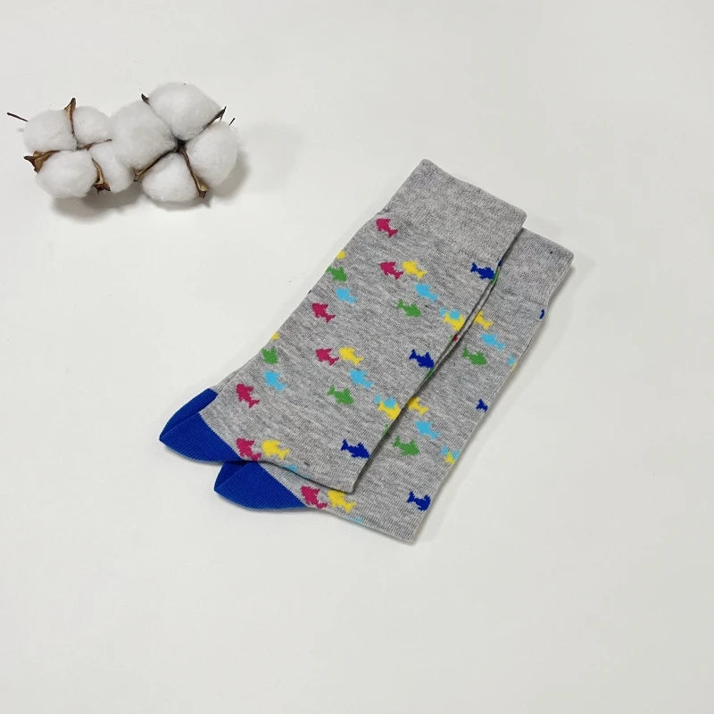 Cotton Blend Fish Pattern Crew Socks - 5