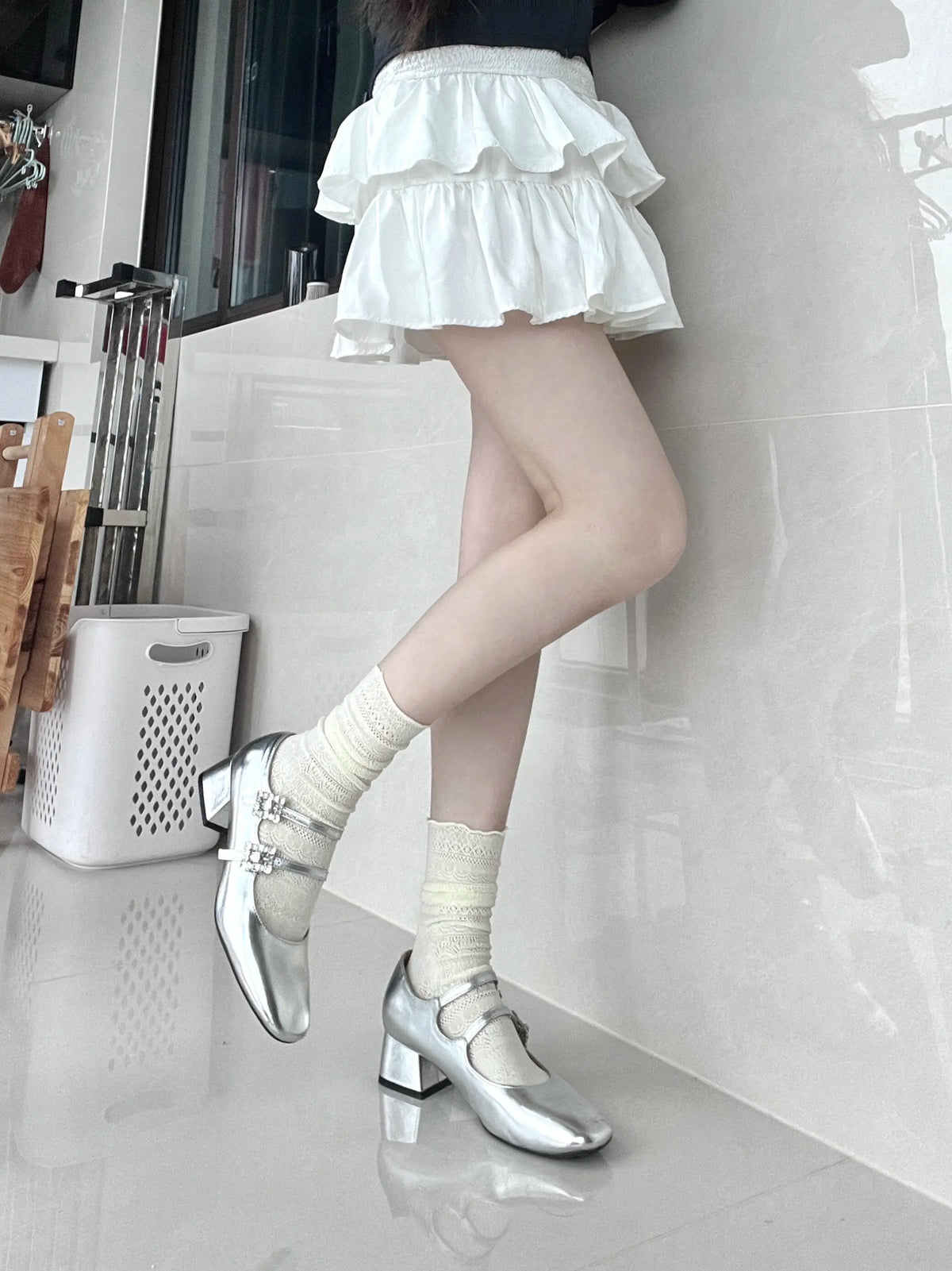Floral Mesh Crew Socks Women Polyester Mid Tube Casual Hosiery