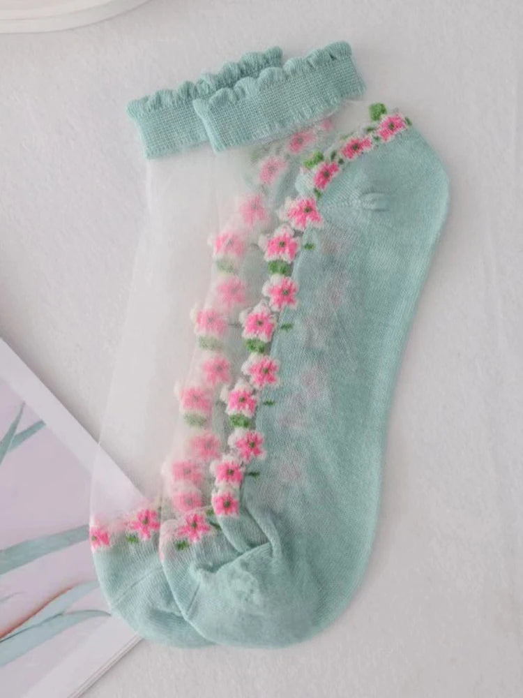 Floral Print Polyester Elastane Low Tube Casual Socks 7 Pairs