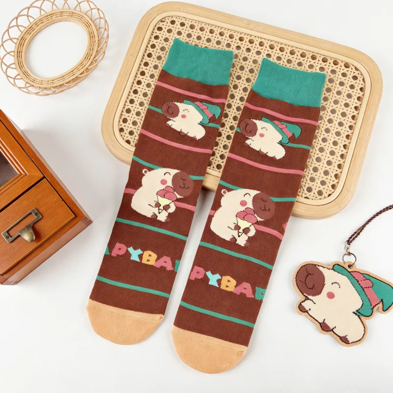 Cotton Blend Capybara Pattern Mid Calf Socks - 2