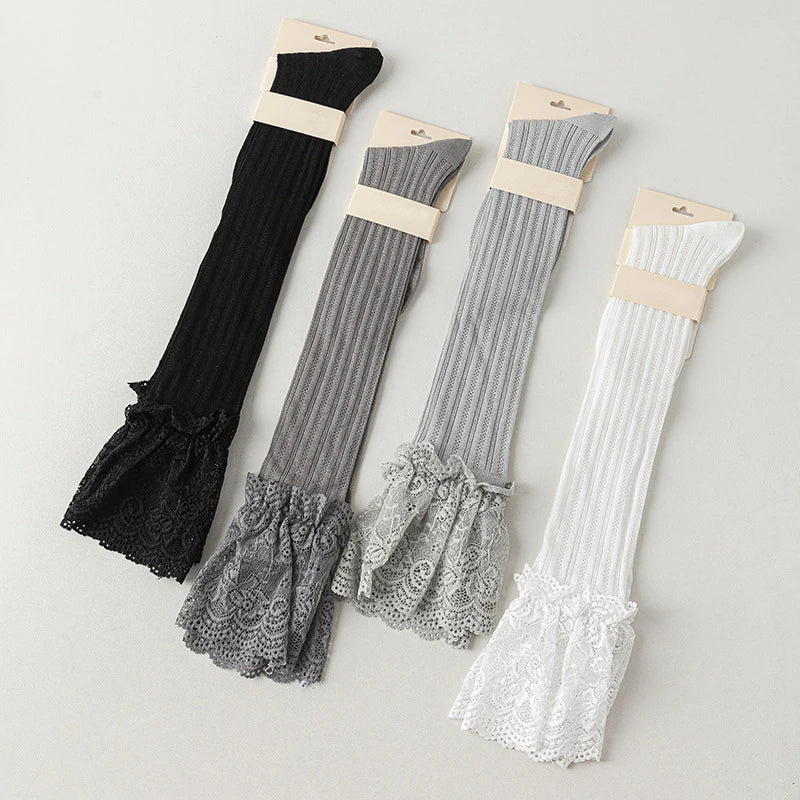 Polyester Spandex Floral Lace Hollow Knit Mid Tube Casual Socks