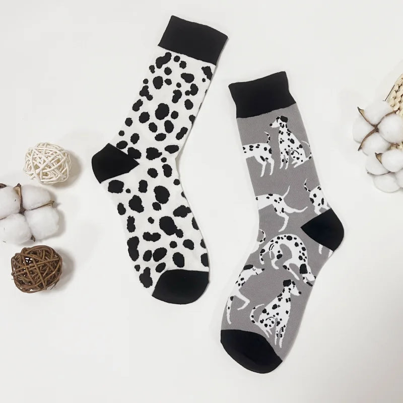 Cotton Blend Spotted Dog Print Unisex Mid Calf Crew Socks - 4