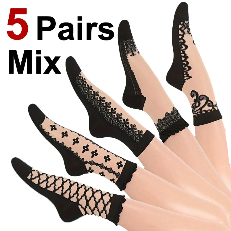 Polyester Elastane Lace Pattern Mid Tube Socks - 12