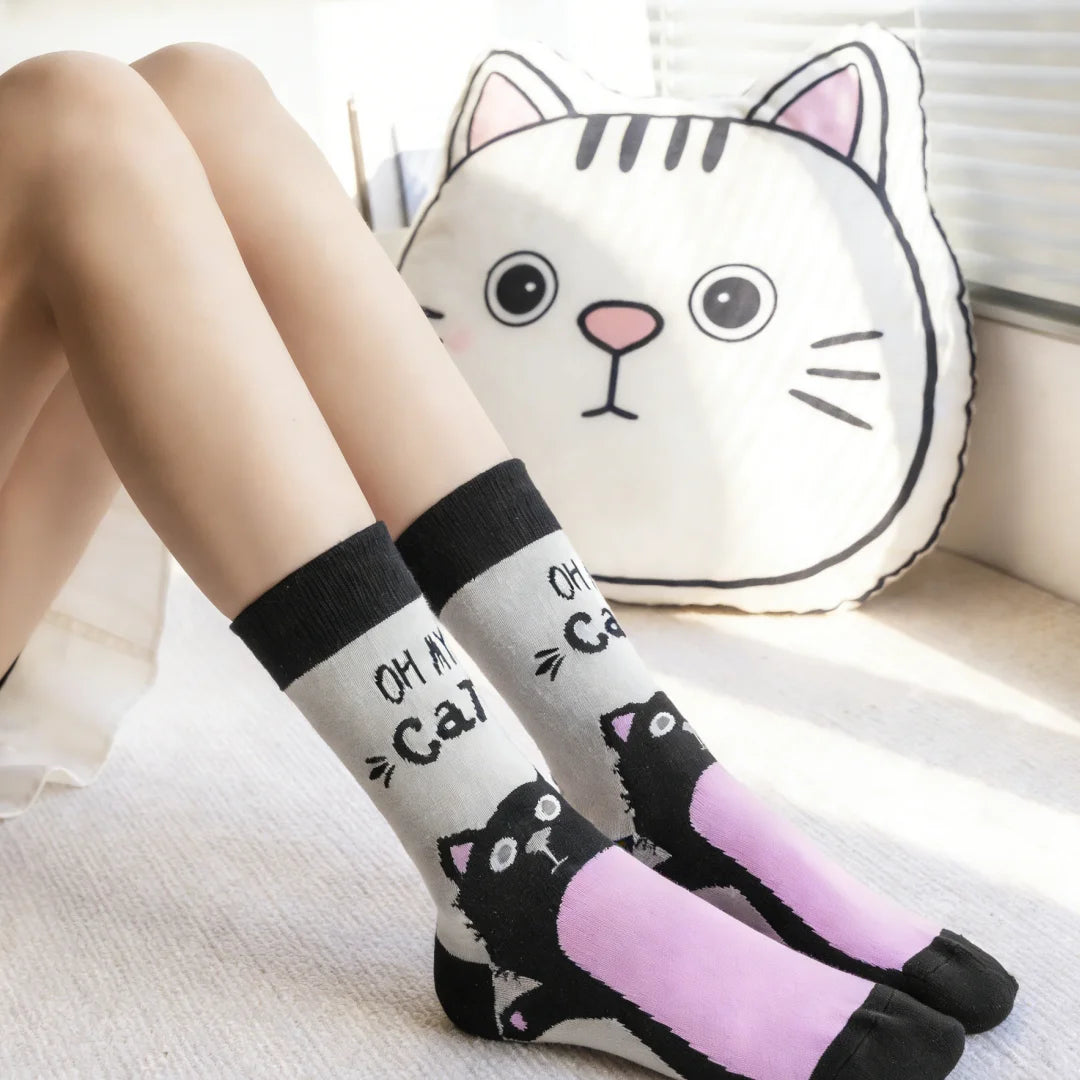 Cotton Blend Mid Calf Cat Print Socks