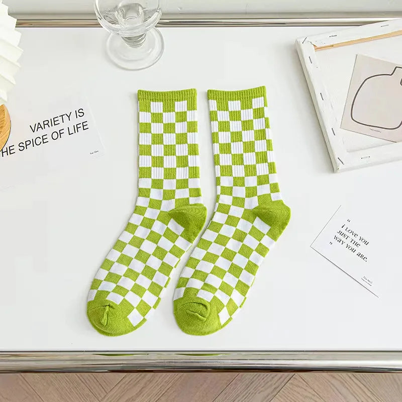 Cotton Blend Plaid Pattern Mid Tube Unisex Socks