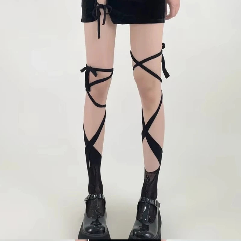 Floral Lace Mesh Stockings With Ribbon Ties - 2