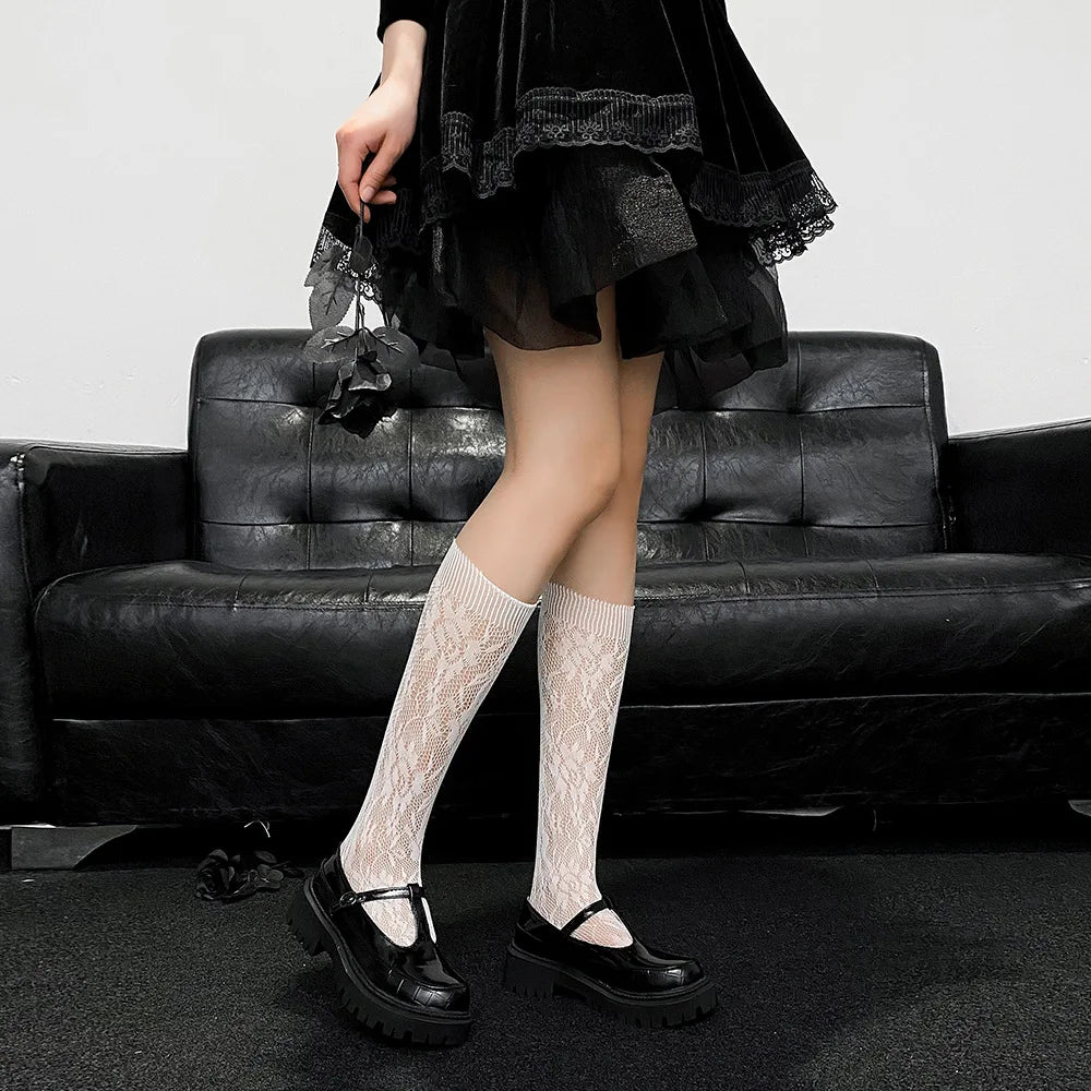 Floral Lace Calf Socks Women Nylon Knit Hosiery