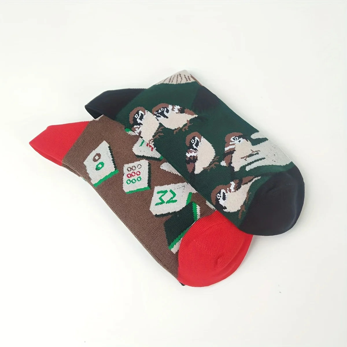 Cotton Blend Mahjong Sparrow Print Mid Calf Casual Socks