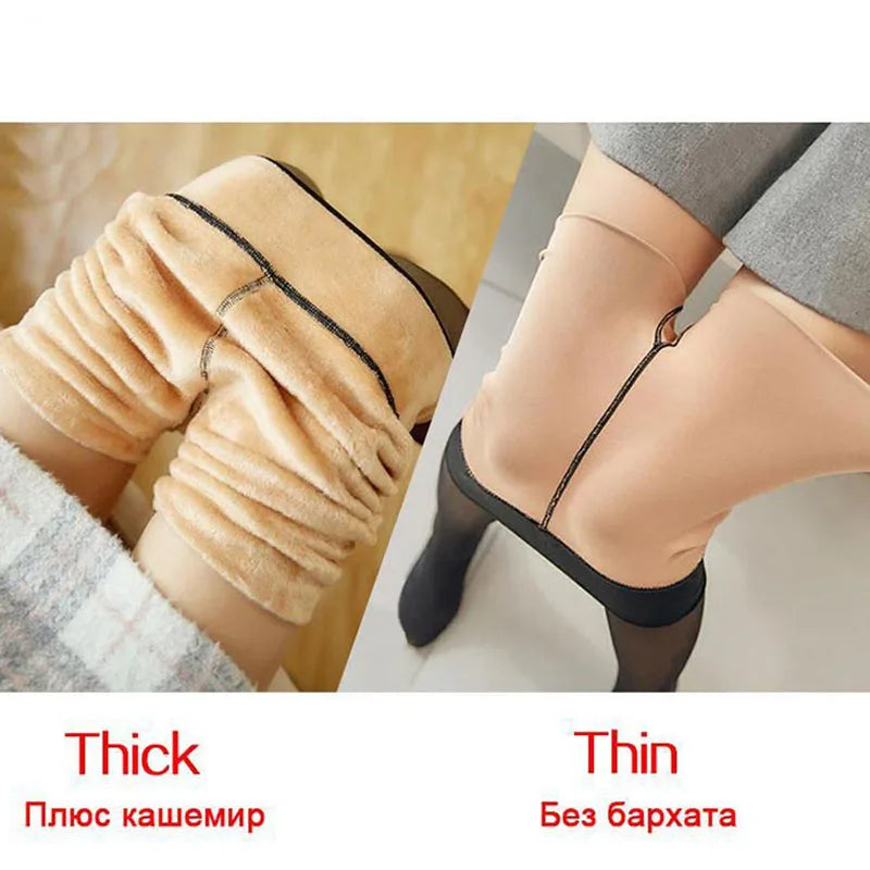 Fleece Lined Translucent High Waist Thermal Pantyhose for Women
