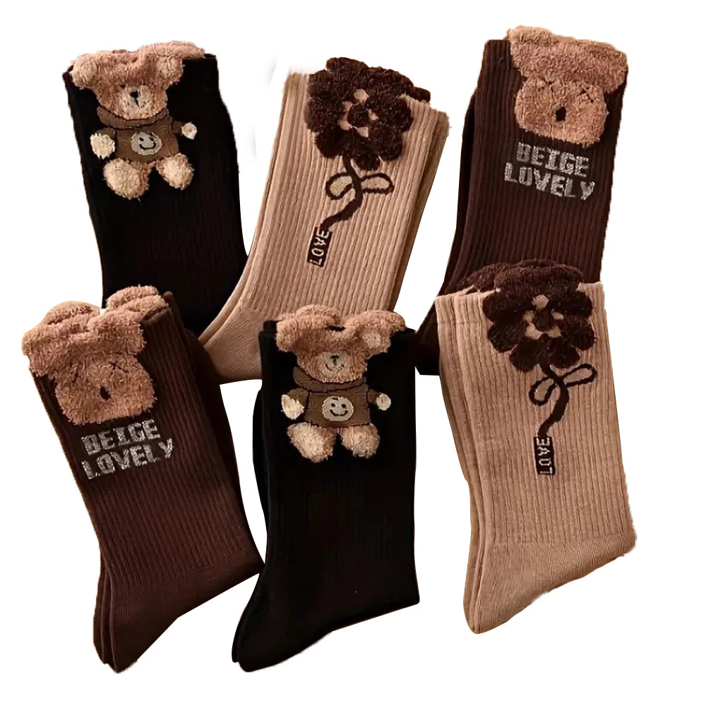 Polyester Elastane Cartoon Bear Pattern Mid Tube Socks 3 Pairs