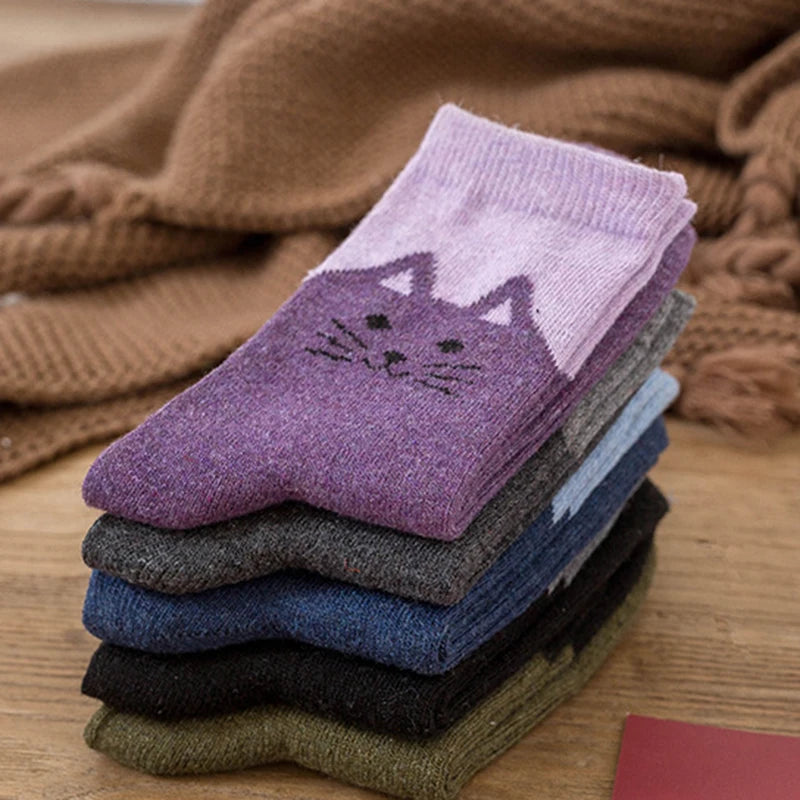 Wool Blend Cat Print Winter Socks Five Pairs - 5