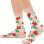 Cotton Blend Strawberry Print Mid Calf Socks