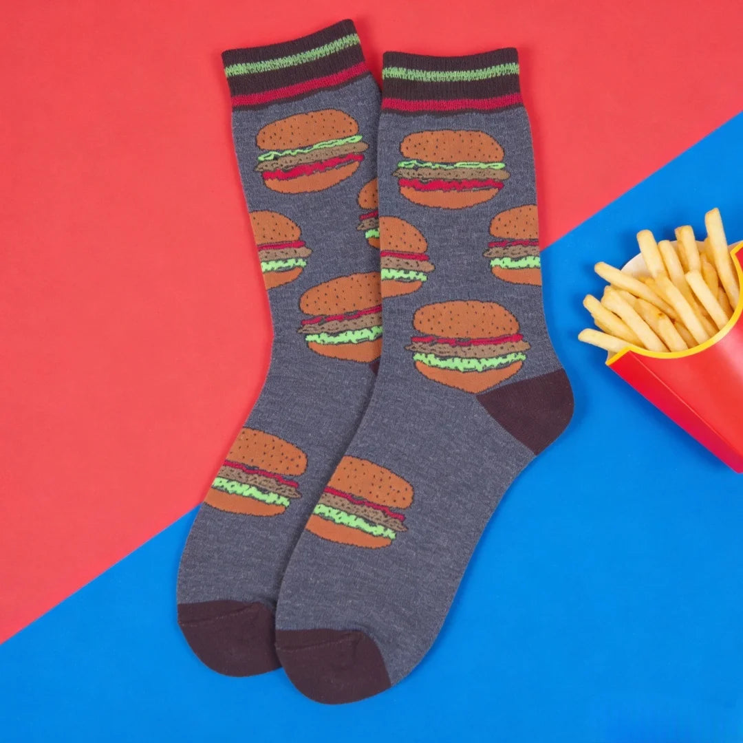 Cotton Blend Mid Calf Burger Print Unisex Socks - 7