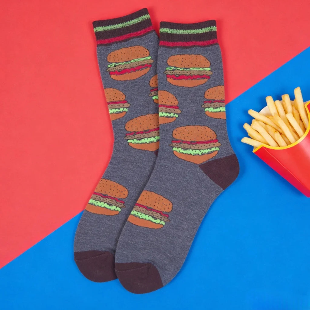 Cotton Blend Mid Calf Burger Print Unisex Socks