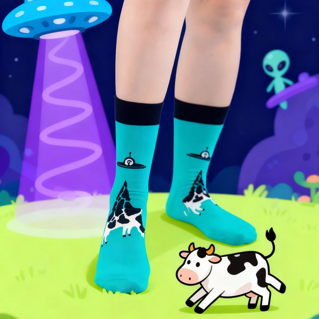 Cotton Blend Alien and Cow Pattern Mid Calf Socks