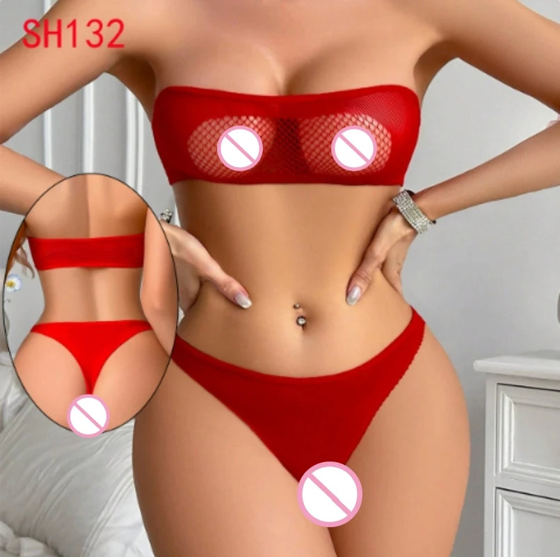 Polyester Nylon Fishnet Bra and Brief Lingerie Set - 2