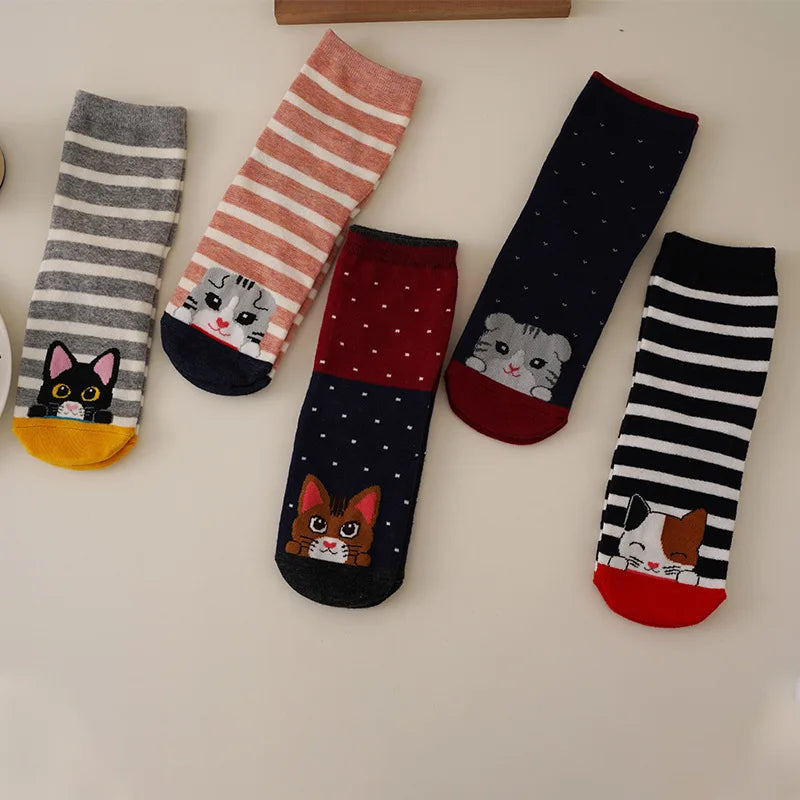 Cotton Blend Cat Pattern Casual Crew Socks for Women