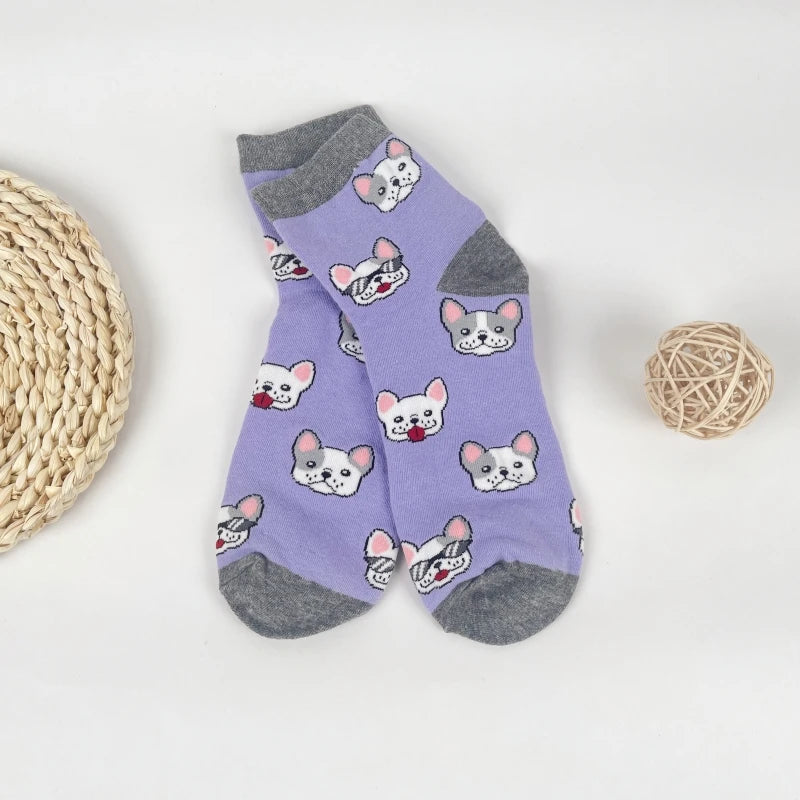 Cotton Blend French Bulldog Print Casual Low Tube Socks