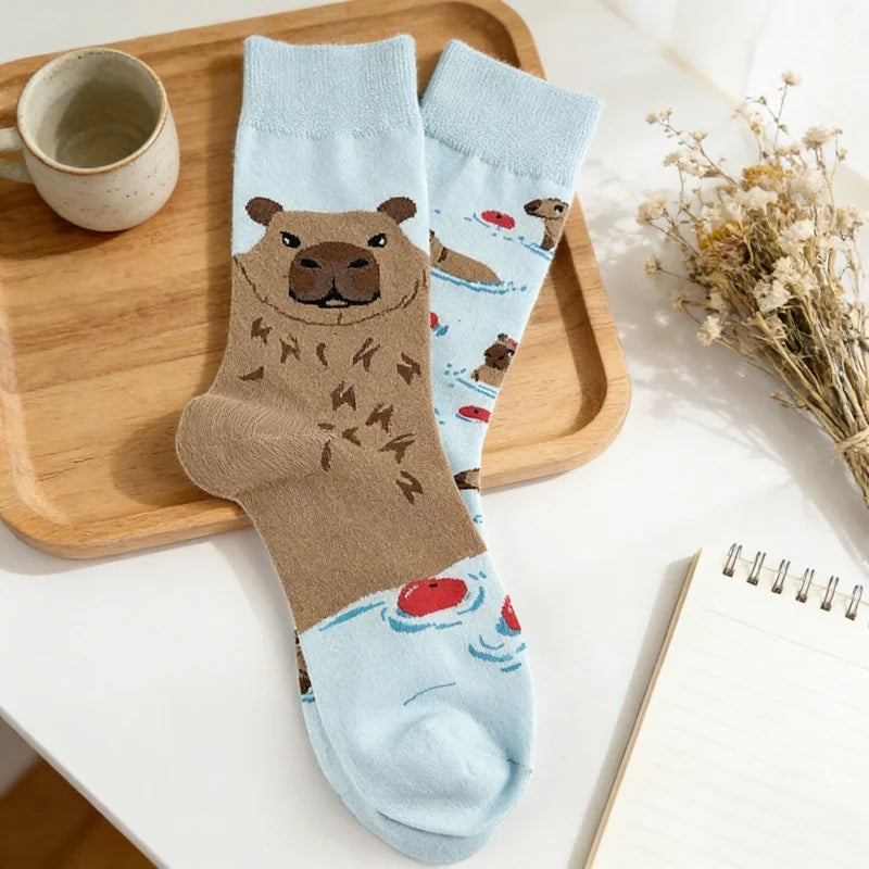Cotton Blend Capybara Print Mid Calf Casual Crew Socks