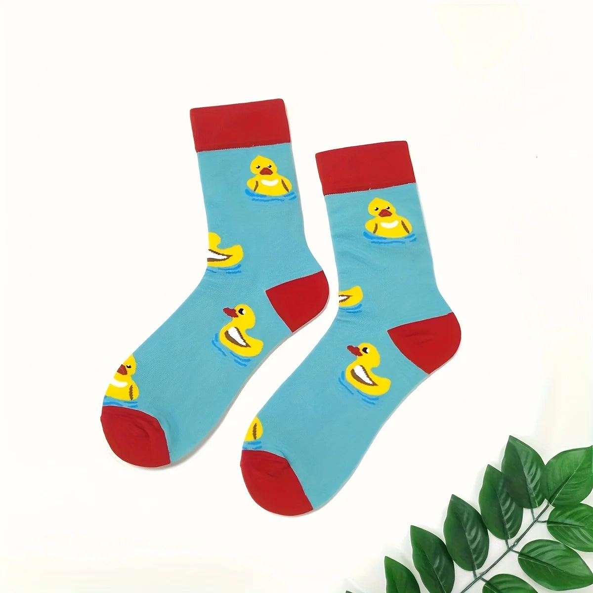 Cotton Blend Yellow Duck Pattern Casual Mid Calf Socks