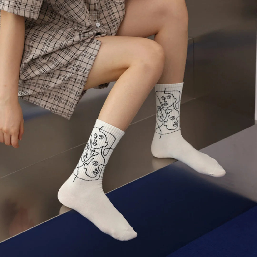 Cotton Blend Abstract Line Art Casual Crew Socks - 6