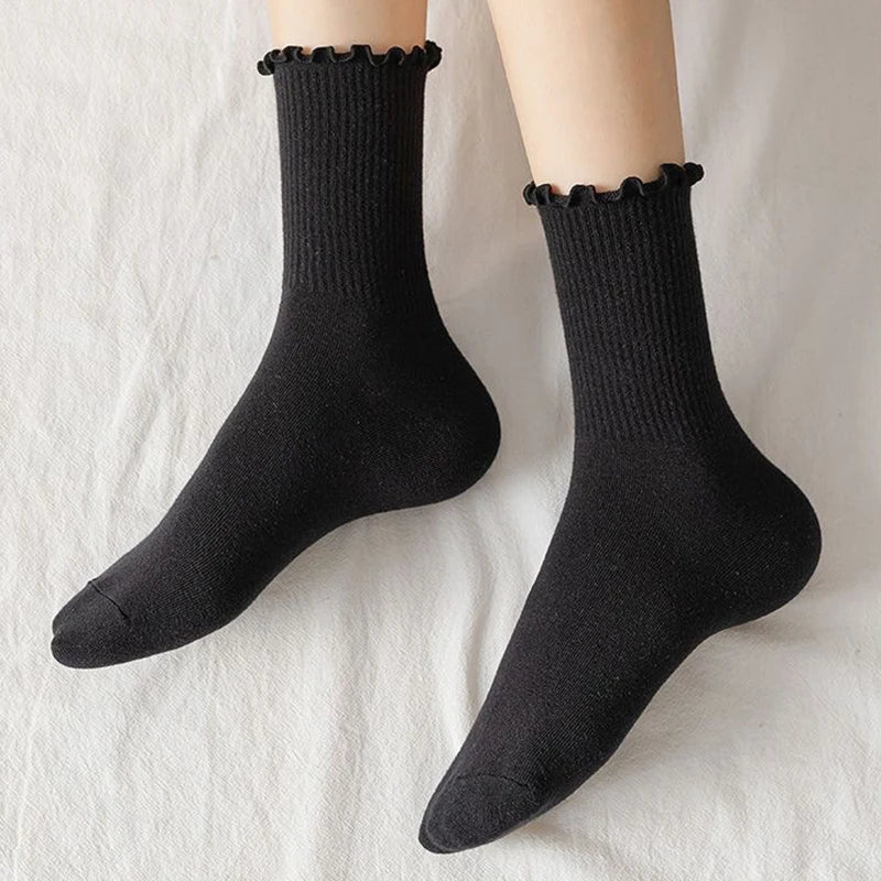 Polyester Elastane Ruffle Trim Mid Tube Socks for Women