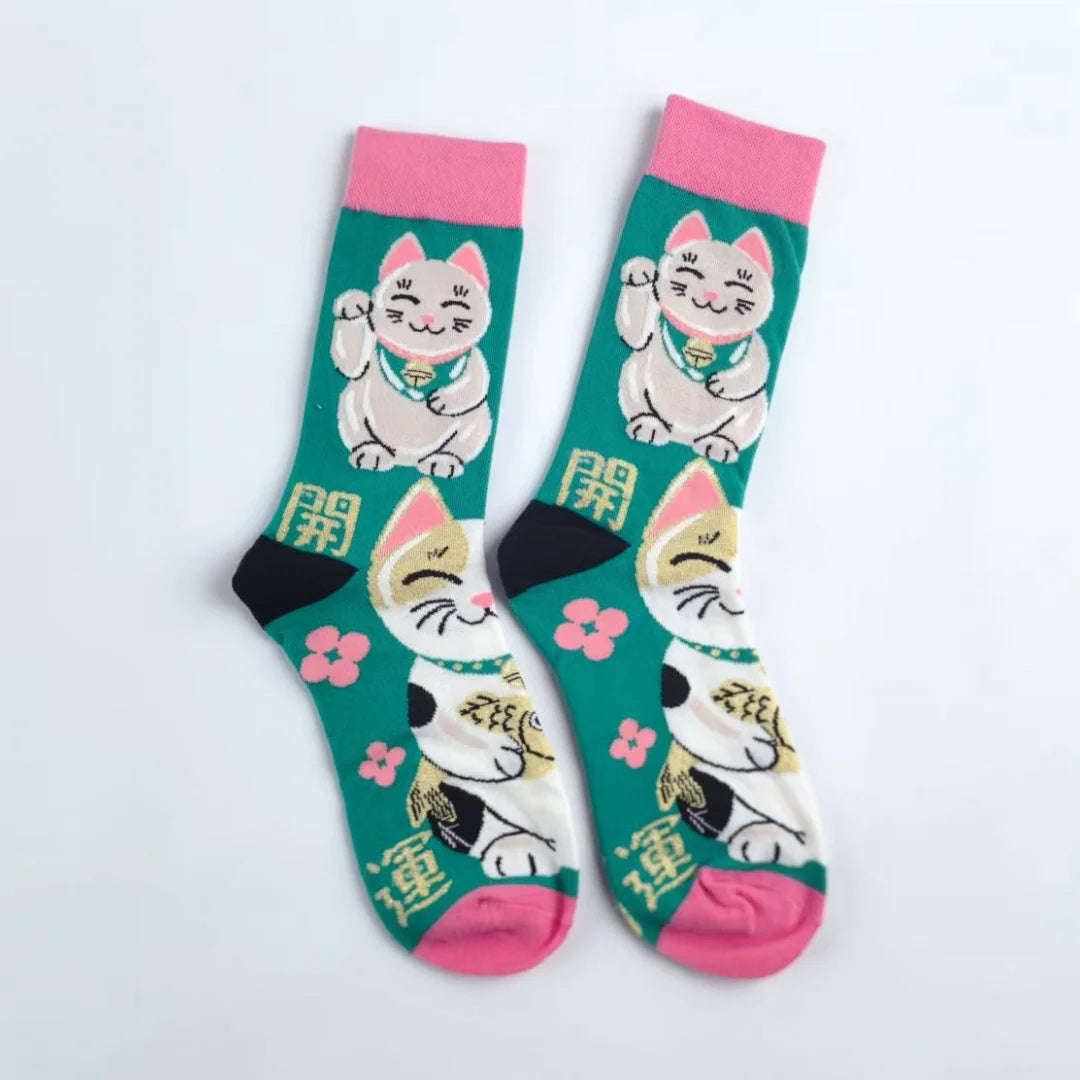 Lucky Cat Cotton Crew Socks Unisex Mid Calf Casual Hosiery - 6