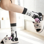 Cotton Blend Mid Calf Cat Print Socks
