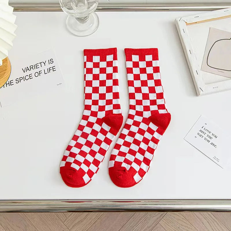 Cotton Blend Plaid Pattern Mid Tube Unisex Socks