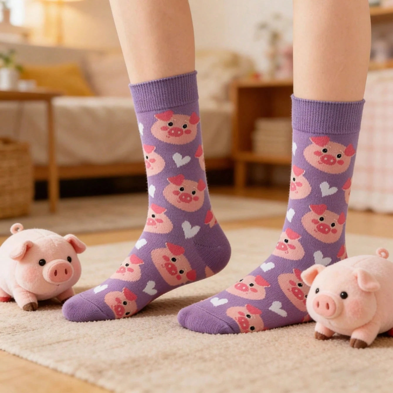 Polyester Elastane Cartoon Pig Crew Socks