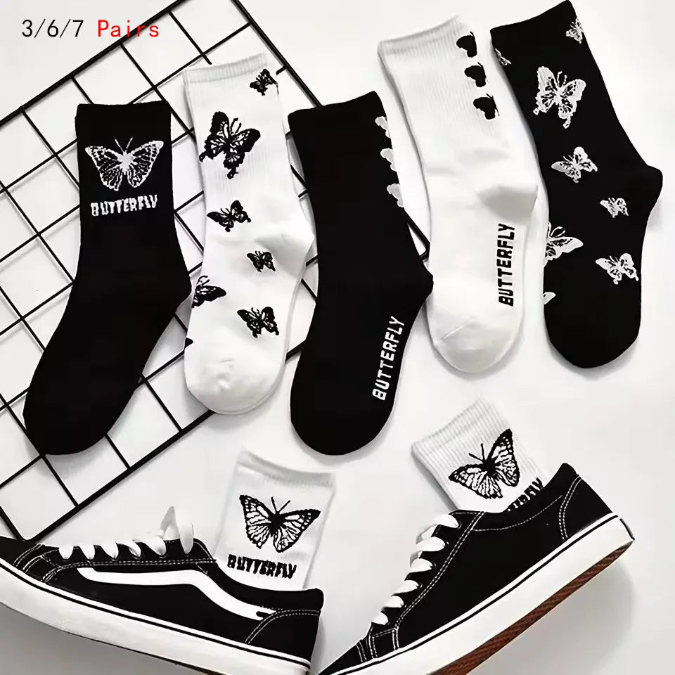 Butterfly Pattern Mid Length Polyester Elastane Socks Set