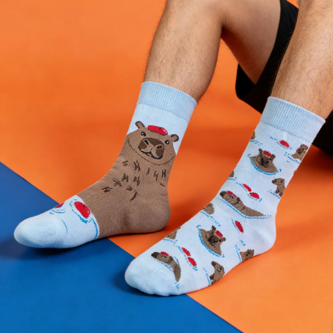 Cotton Blend Capybara Pattern Mid Calf Socks