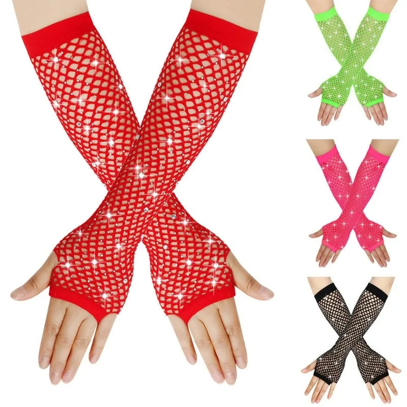 Nylon Elastane Rhinestone Fishnet Fingerless Gloves