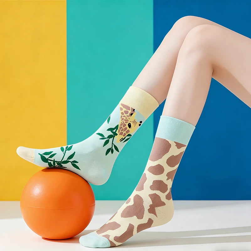 Cotton Blend Giraffe Print Mid Calf Socks - 1