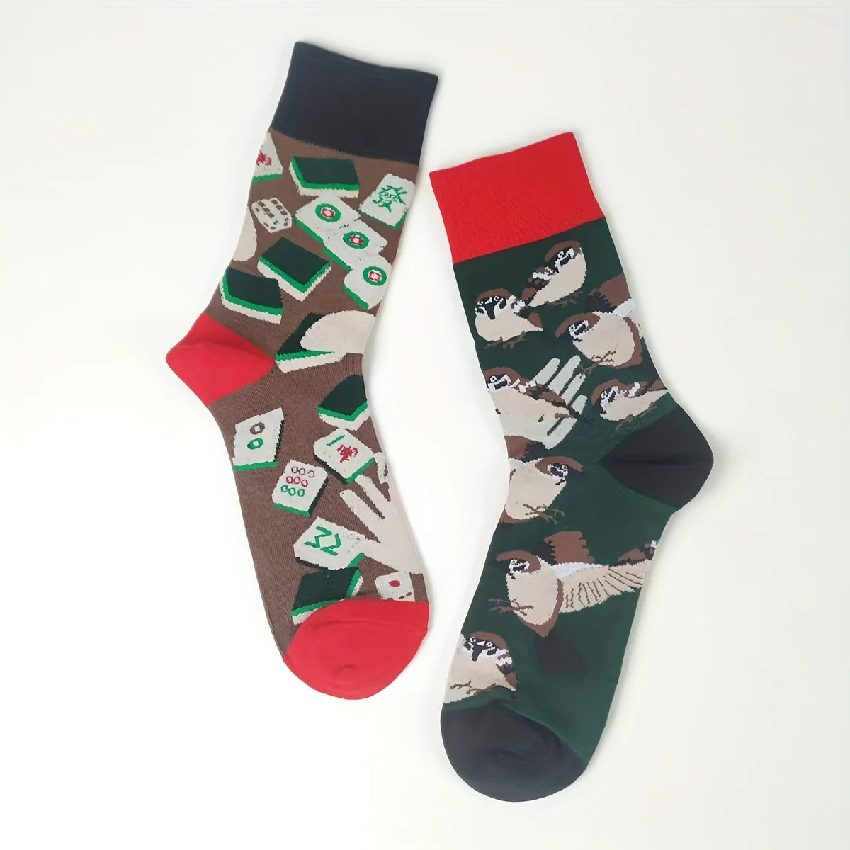 Cotton Blend Mahjong Sparrow Print Mid Calf Casual Socks